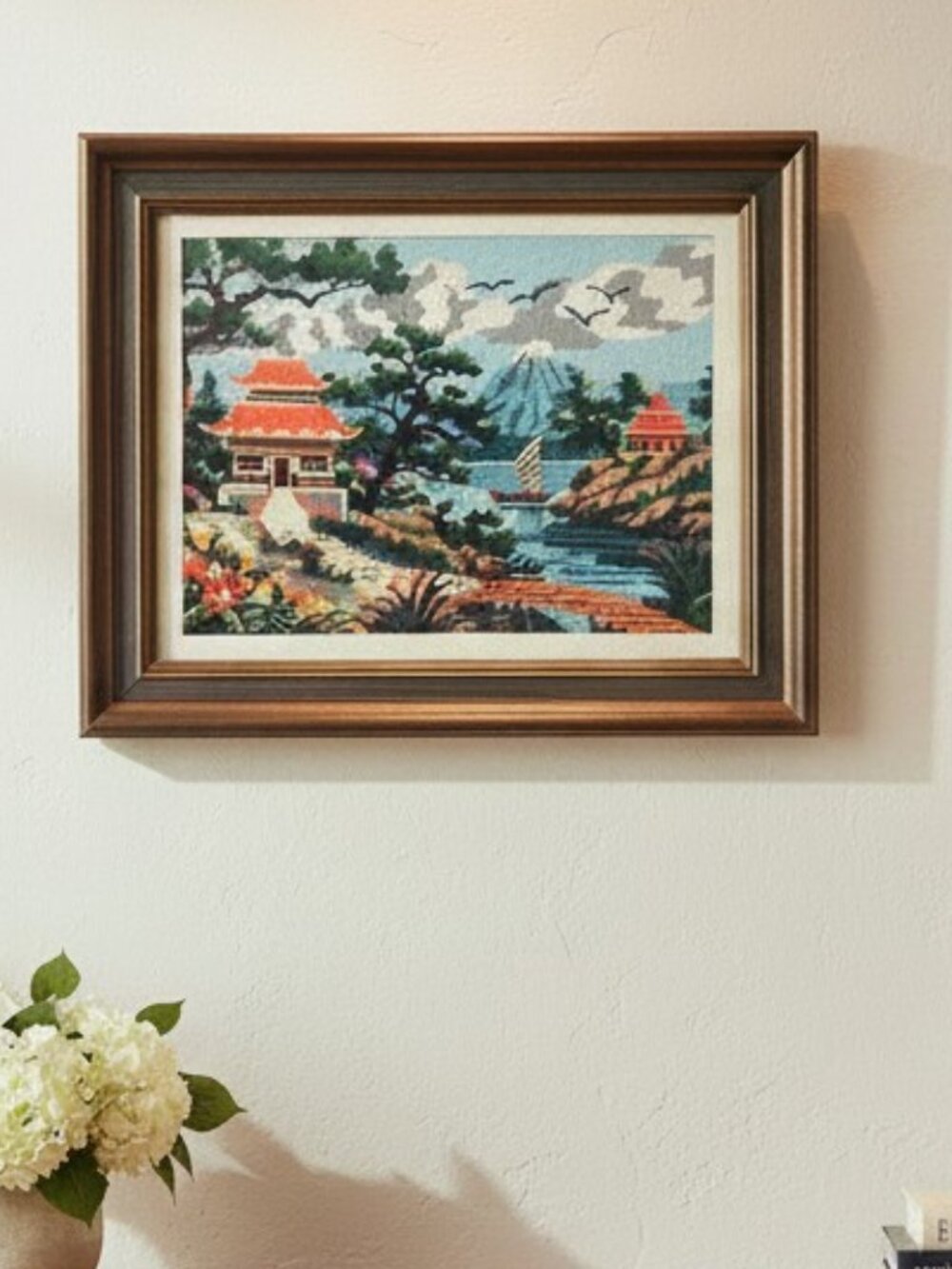 Vintage Handmade Silk Needlepoint Japanese Pagoda Garden Framed